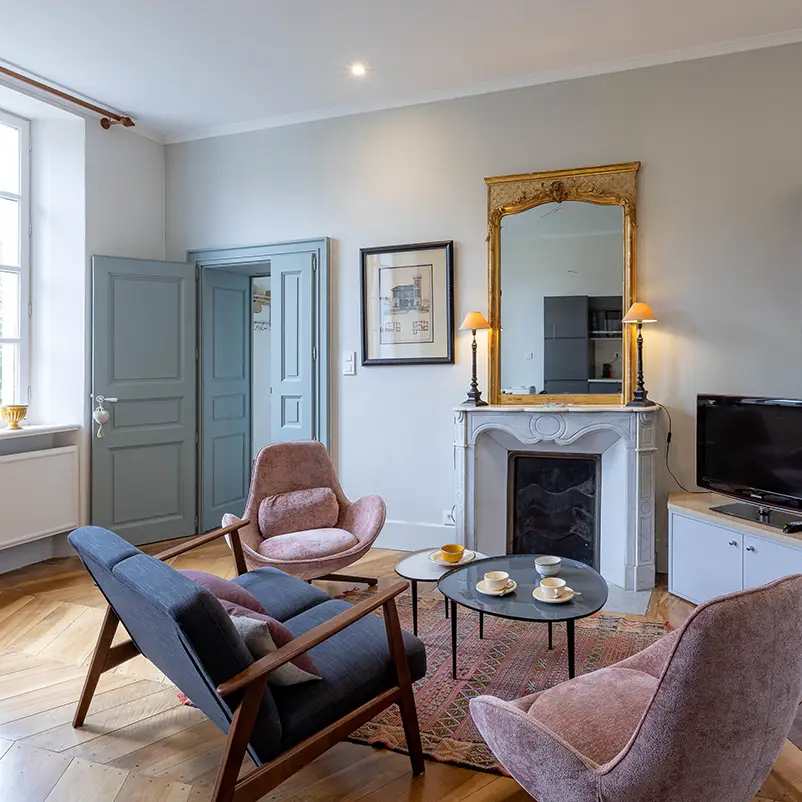 salon avec cheminée et télévision
